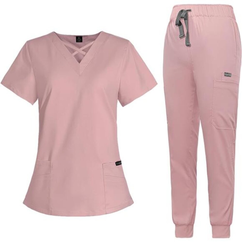 Scrubs for Women Set Modern V-Neck Top & 8 Pocket Jogger Pants Athletic Nursing
